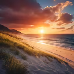 a beach with grass, sand and water on it during the sunset