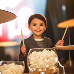 the little girl is standing by some glass items