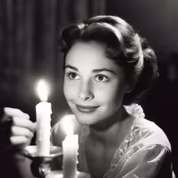 a black and white photo of a lady with a candle,the young woman with two white candles is smiling at the camera