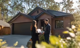 a couple stands outside their new home as the owner prepares to open it