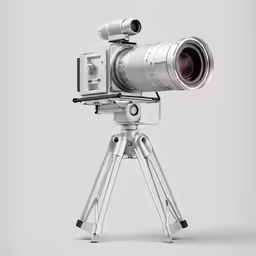 a camera with the lens up and a tripod