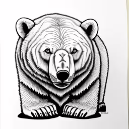 a black and white image of a bear,a drawing of a bear with one paw out,black and white illustration of a bear with its eyes open,the bear head is drawn on paper by a man,a black and white polar bear