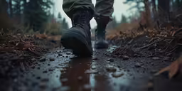 a man is walking along the path in the rain