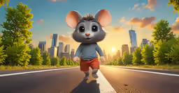 an animation character wearing shorts and grey shirt is running down the road