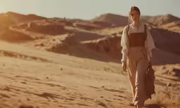 a person walking in the desert at sunset