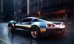 a silver sports car driving down a street at night