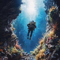 a diver in the middle of a deep blue water