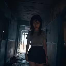a girl with black hair stands in a dark hallway