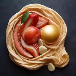 a plate topped with strawberries, melon and nuts