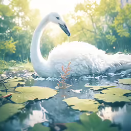 a large swan swimming in a pond with lily pads