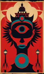an orange, black and blue poster of a face in the night