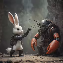 an action figure and rabbit are in a forest