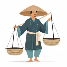 a cartoon man holding two baskets on each side of him
