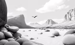 birds flying above snow capped mountains with large rocks