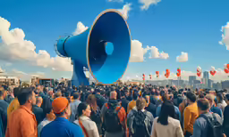 large crowd of people gathered around giant blue speaker