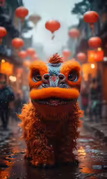 a chinese street animal on a rainy day
