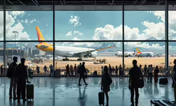 people walking around a plane hangar with planes in the background
