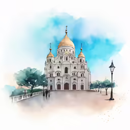 a painting of a white building with golden domes