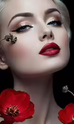a woman with red lipstick and flowers in her face