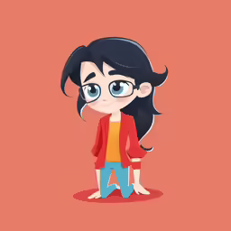 cartoon character with glasses on, sitting down