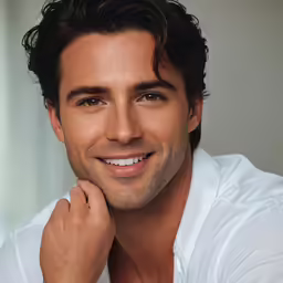 a man smiling at the camera in a white shirt