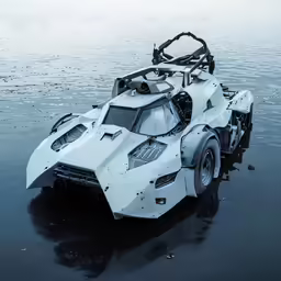 a futuristic vehicle with the roof open in a body of water