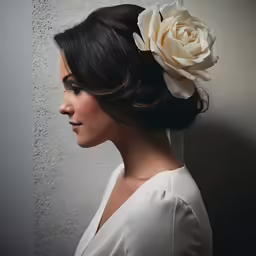 a woman in white with hair up wearing a flower in her hair