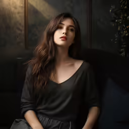a woman sitting on top of a couch with a hand on her chest