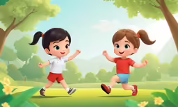 two little kids run through a lush green field