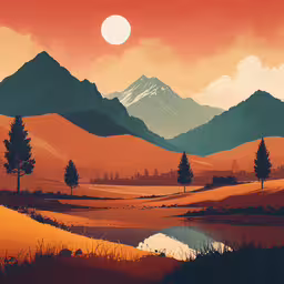this is a painting of mountains and a lake,a landscape photo with mountains and water in the foreground