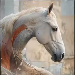 the white horse has long manes and is standing near a fence