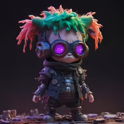 a small doll with colorful hair and purple eyes