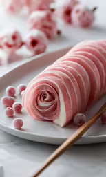 a plate with a white plate with pink food
