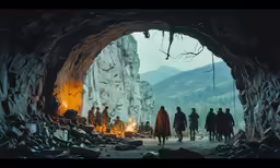 group of people standing in an ancient rock formation