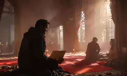 two people sitting and reading in a darkened room