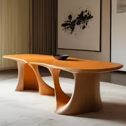 a large wood and metal dining table with black plate