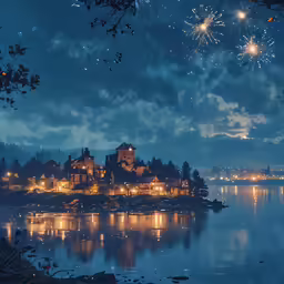fireworks explode over a large lakeside town at night