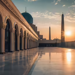 the sun is coming down on the mosque
