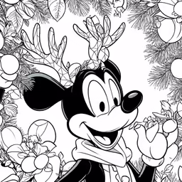 a minnie mouse holding a candy cane while surrounded by pine branches