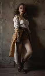 woman in renaissance clothing standing next to a wall