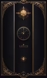 a black wall has a golden clock with a gold background