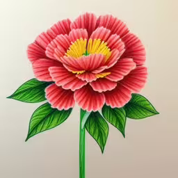 a large flower on top of a green stem,this flower has two yellow stripes on its middle,a drawing of a flower is shown with watercolor paint,an image of the same flower that has been colored in,a picture of a drawing of a flower on white paper