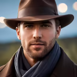 a close up of a person wearing a brown hat