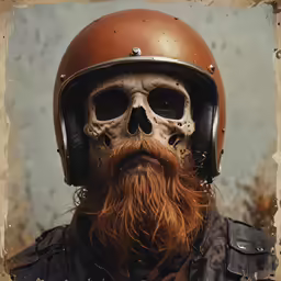 a man in an orange helmet with the remains of a skeleton on his face