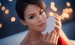 a woman holding a mirror to her face with her hand