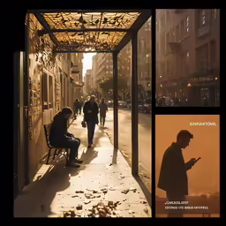 two men walking down a sidewalk next to some people and an umbrella