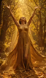 a woman is standing in the forest with her hands up