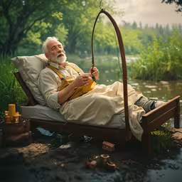 a man that is sitting on a bed holding a rod,old man with grey hair sitting in a small bed