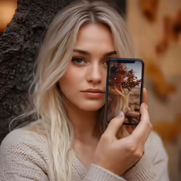 a woman holds up an iphone displaying the image on screen