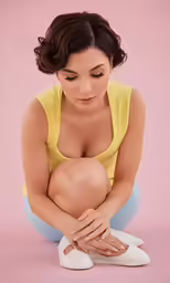 a woman in a yellow shirt kneeling on the ground